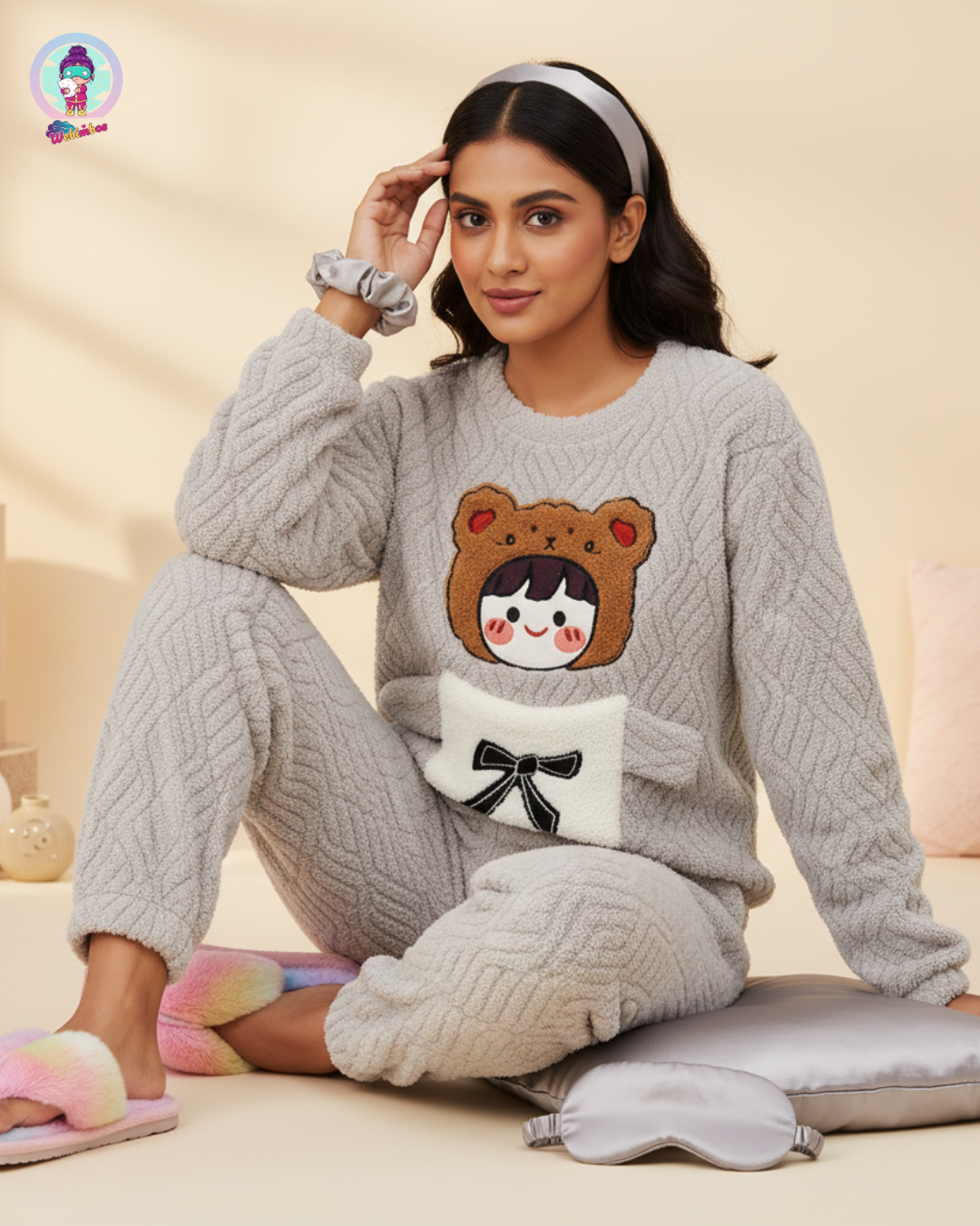 Cute Teddy Applique Fleece Night Suit Set for Women – Soft Grey Winter Lounge Wear
