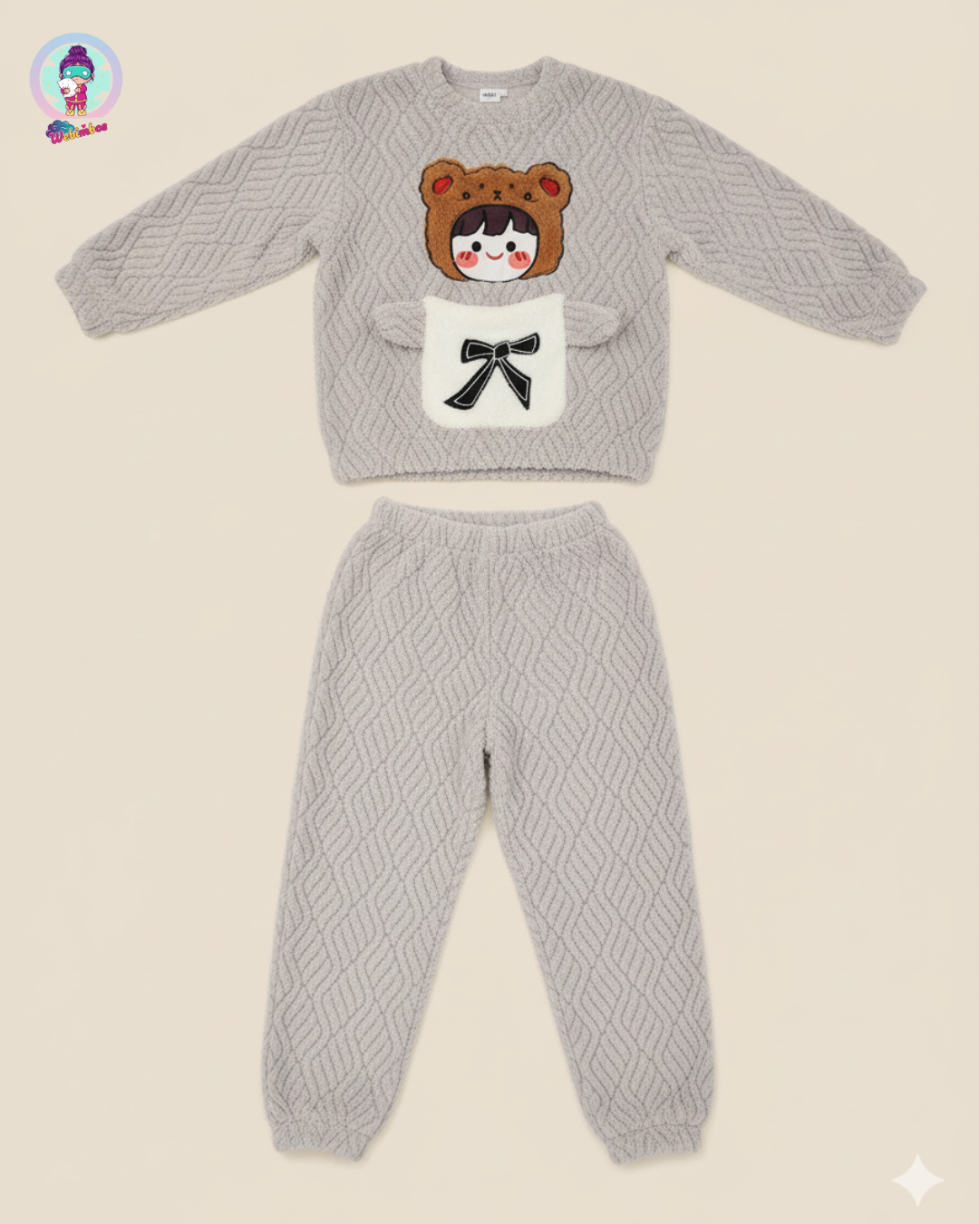 Cute Teddy Applique Fleece Night Suit Set for Women – Soft Grey Winter Lounge Wear