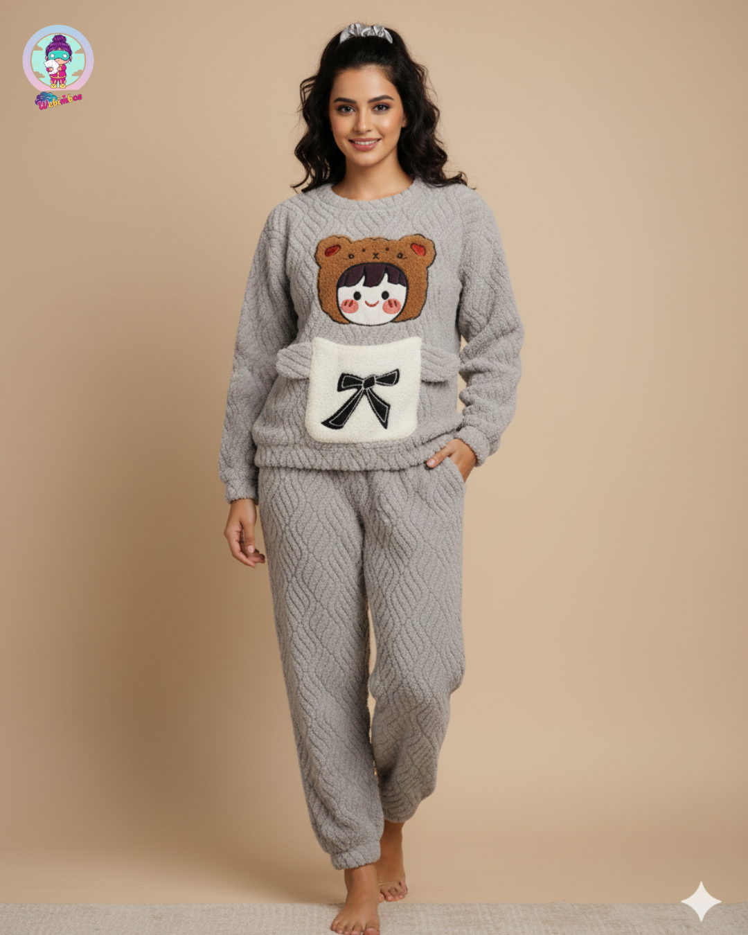Cute Teddy Applique Fleece Night Suit Set for Women – Soft Grey Winter Lounge Wear