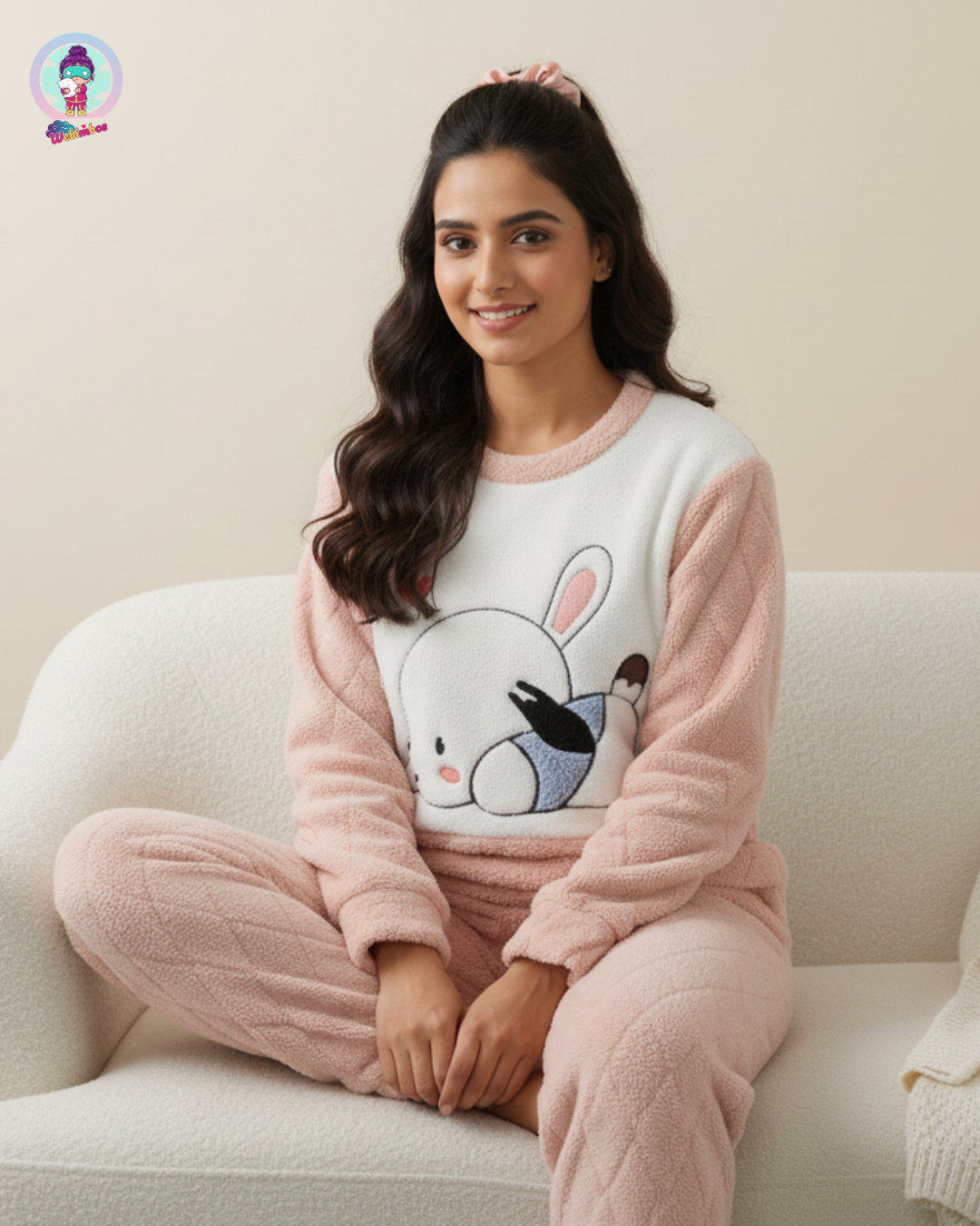 Cozy Quilted Fleece Loungewear Set – Pink & White Cartoon Winter Co-ord