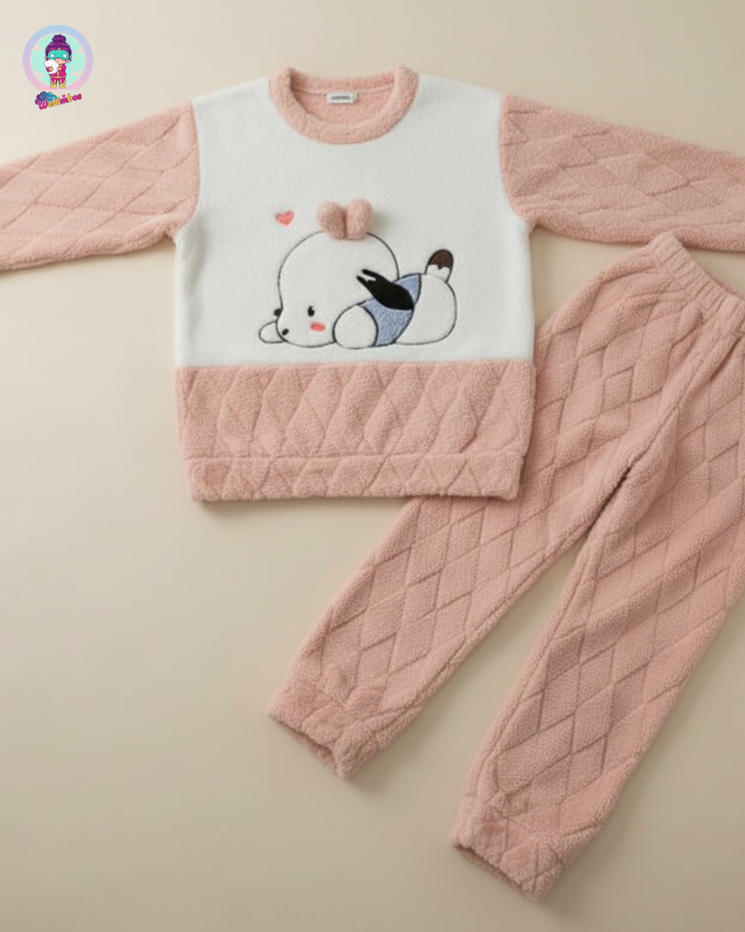 Cozy Quilted Fleece Loungewear Set – Pink & White Cartoon Winter Co-ord